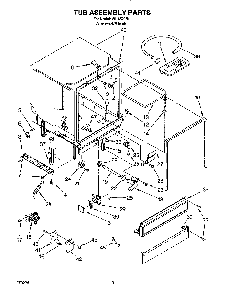 TUB ASSEMBLY, LIT/OPTIONAL Diagram and Parts List for WU4500B1  Roper Dishwasher