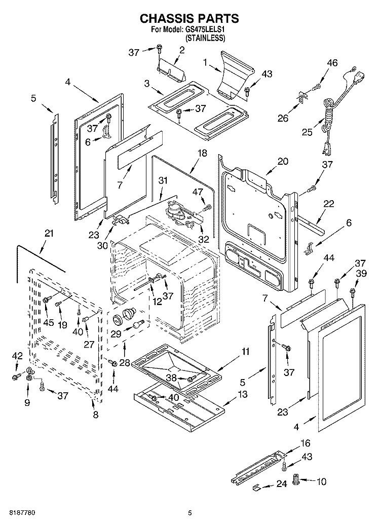 CHASSIS PARTS Diagram and Parts List for GS475LELS1  Whirlpool Range
