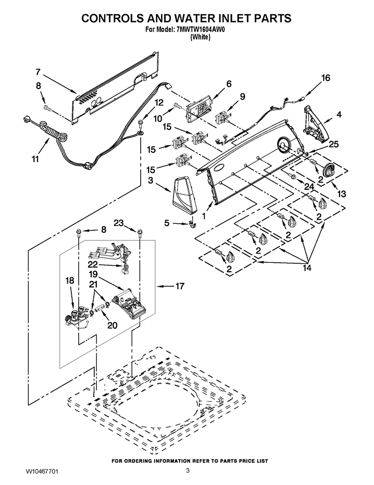 CONTROLS AND WATER INLET PARTS Diagram and Parts List for 7MWTW1604AW0  Whirlpool Washer