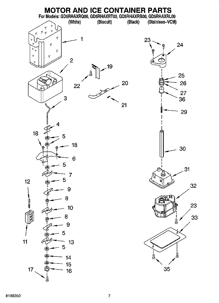 MOTOR AND ICE CONTAINER PARTS Diagram and Parts List for GD5RHAXRT00  Whirlpool Refrigerator