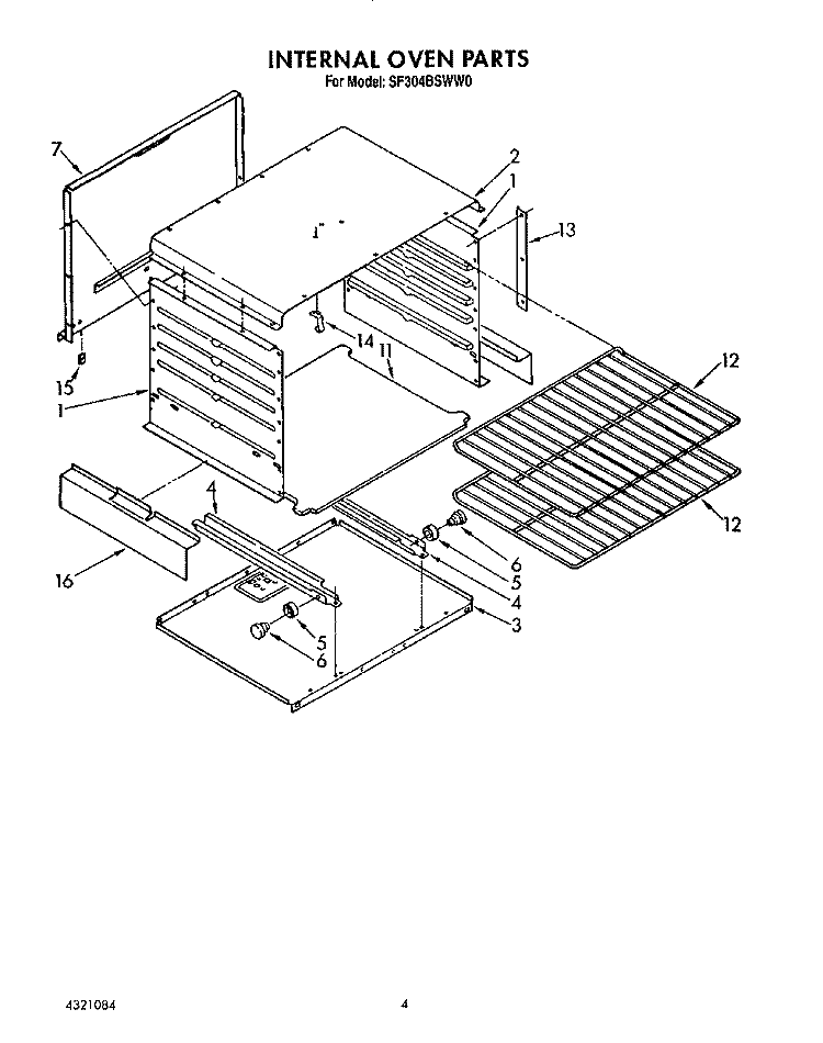 INTERNAL OVEN Diagram and Parts List for SF304BSWW0  Whirlpool Range