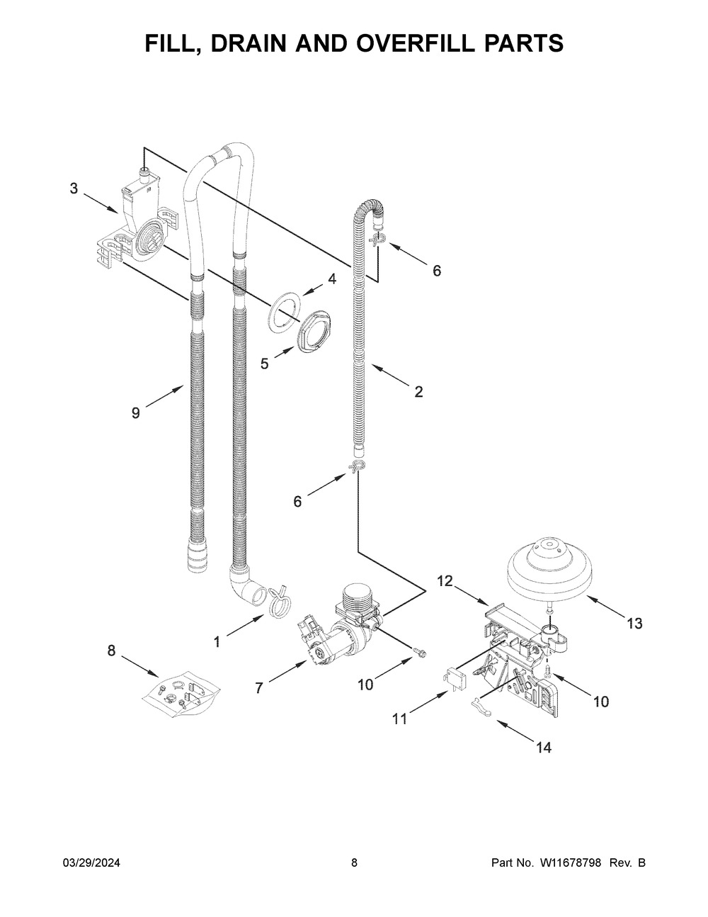 Fill, Drain And Overfill Parts Diagram and Parts List for WDT540HAMZ1  Whirlpool Dishwasher