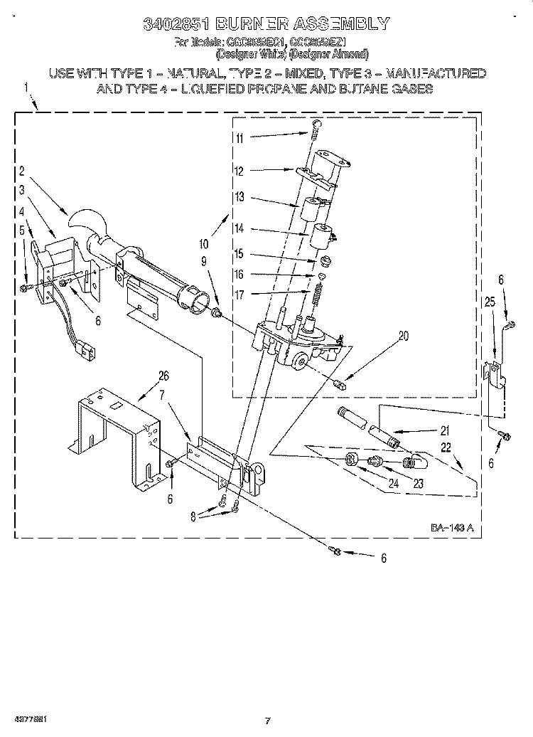 3402851 BURNER ASSEMBLY Diagram and Parts List for GGC9858EQ1  Whirlpool Dryer