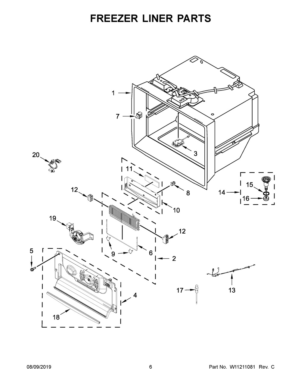 Freezer Liner Parts Diagram and Parts List for KRFC704FPS01  Whirlpool Refrigerator