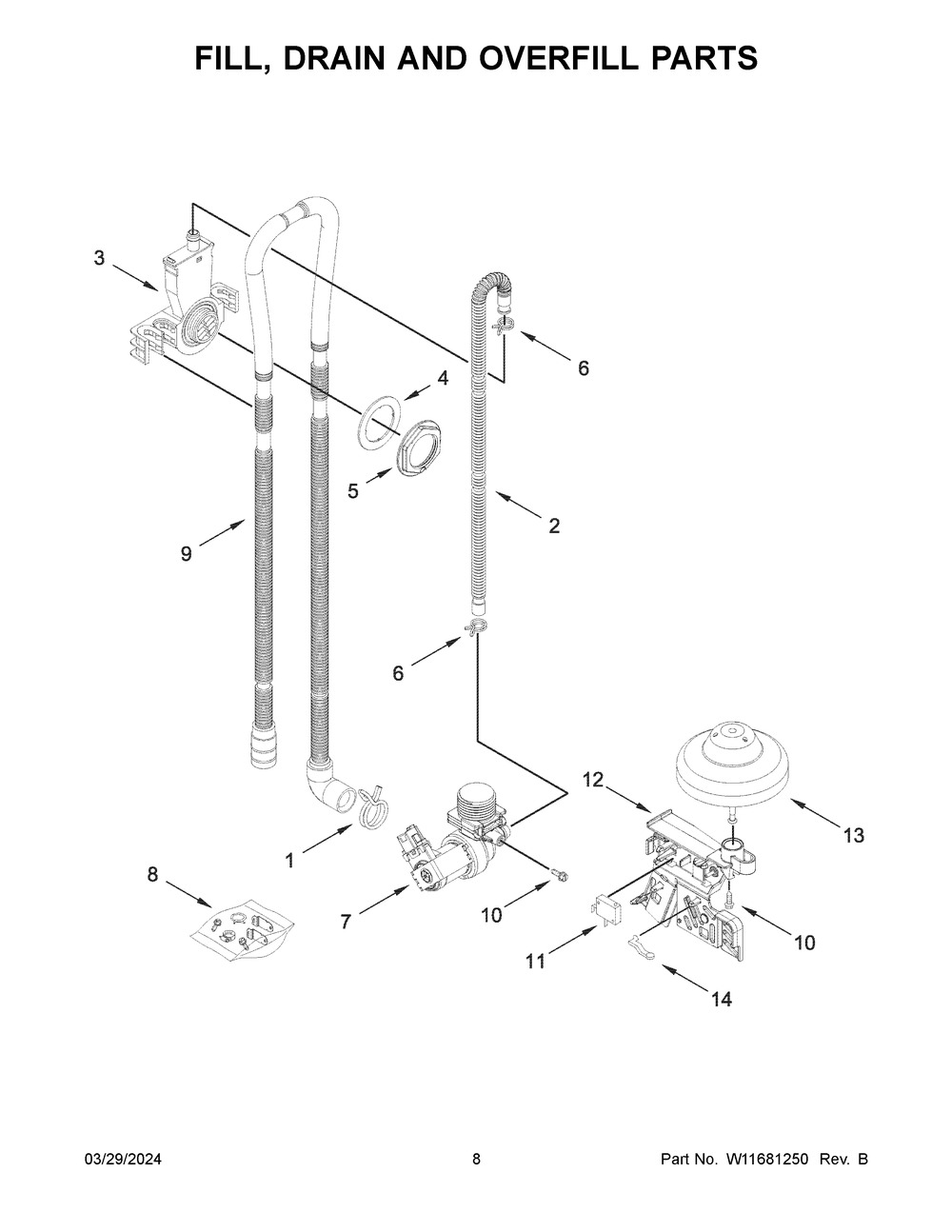 Fill, Drain And Overfill Parts Diagram and Parts List for WDP560HAMW1  Whirlpool Dishwasher