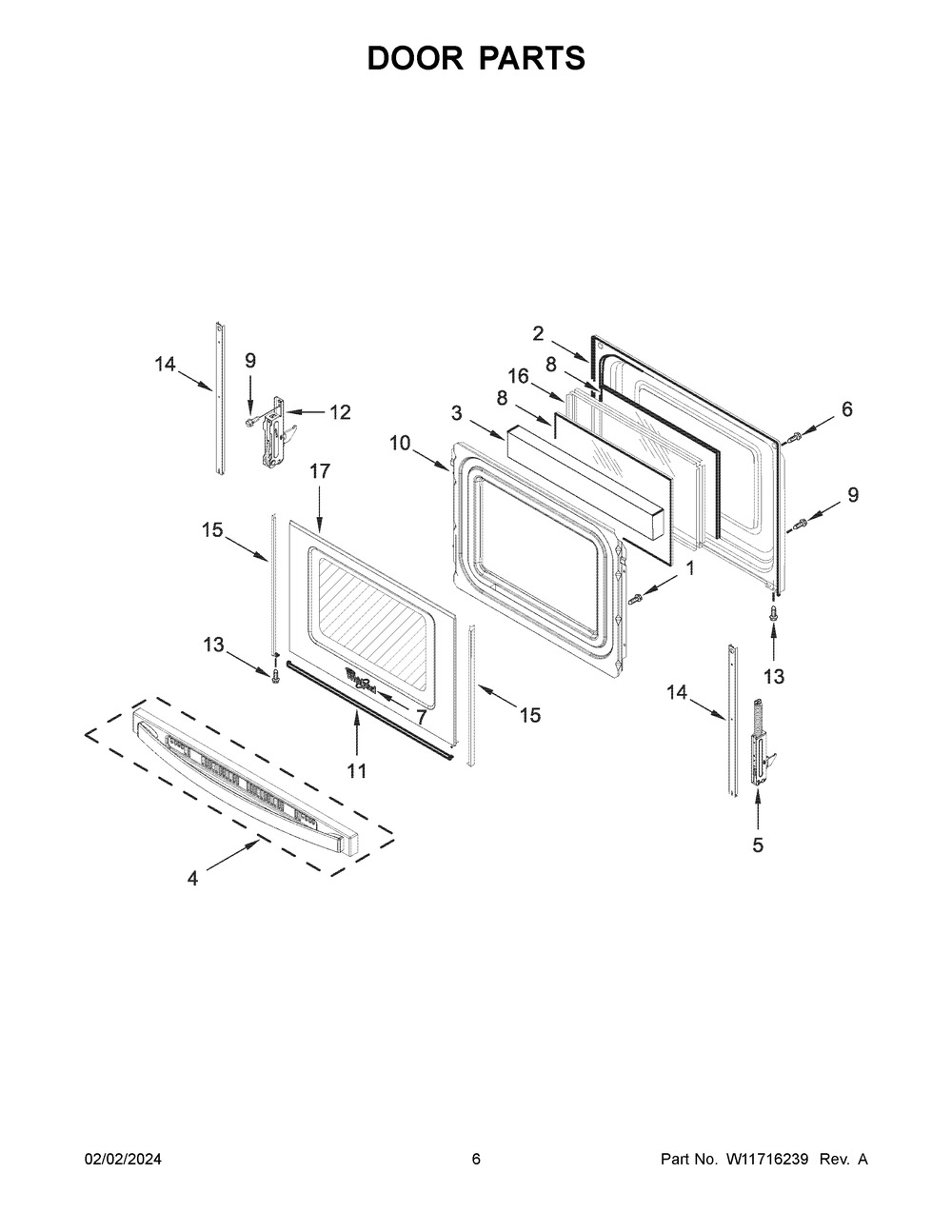 Door Parts Diagram and Parts List for WEE515S0LS3  Whirlpool Range