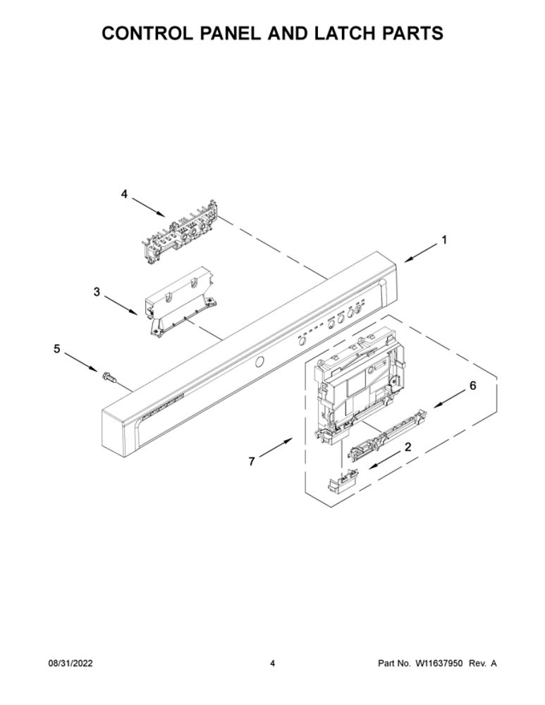 Control Panel And Latch Parts Diagram and Parts List for WDF331PAMW0  Whirlpool Dishwasher