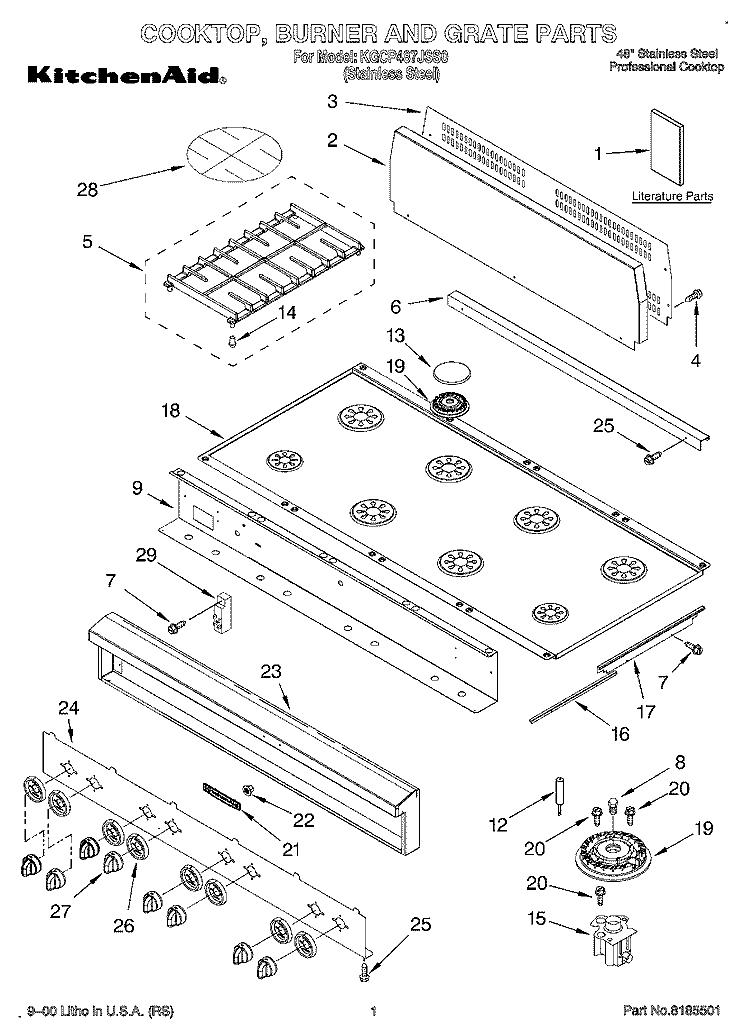 COOKTOP, BURNER AND GRATE PARTS Diagram and Parts List for KGCP487JSS0  KitchenAid Cooktop