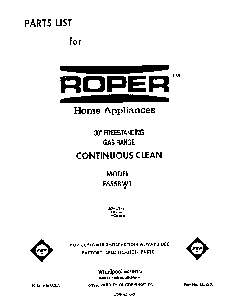 Front Cover Diagram and Parts List for F6558*1  Roper Range