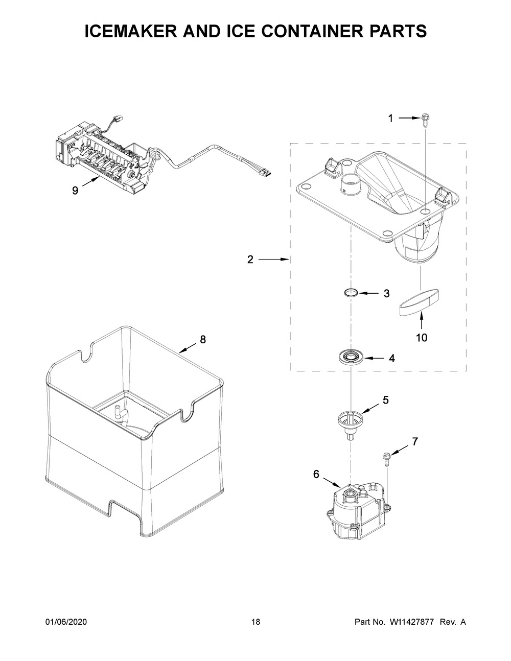 Icemaker And Ice Container Parts Diagram and Parts List for WRX986SIHZ01  Whirlpool Refrigerator