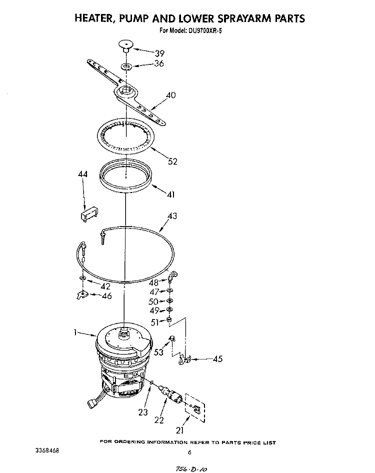 HEATER, PUMP AND LOWER SPRAY ARM Diagram and Parts List for DU9700XR5  Whirlpool Dishwasher