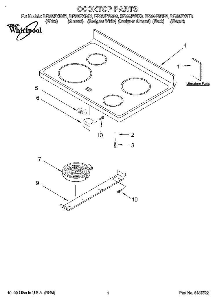 COOKTOP, LITERATURE Diagram and Parts List for RF386PXGN3  Whirlpool Range