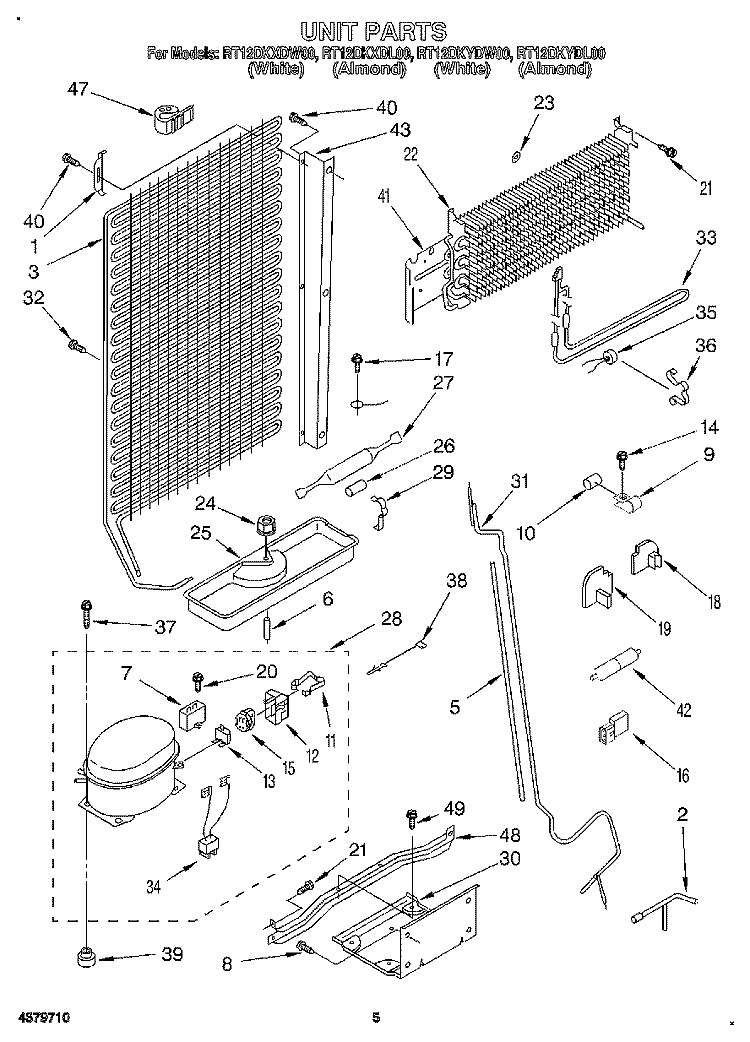 UNIT Diagram and Parts List for RT12DKXDW00  Roper Refrigerator