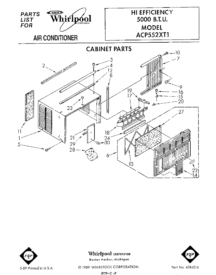 CABINET Diagram and Parts List for ACP552XT1  Whirlpool Air Conditioner