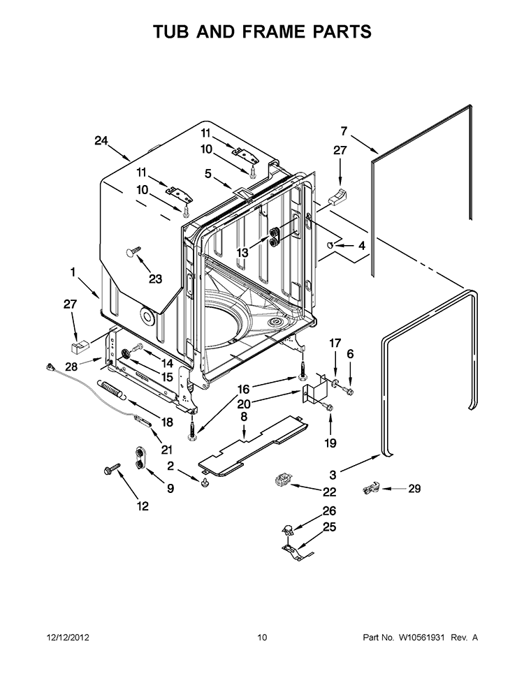 TUB AND FRAME PARTS Diagram and Parts List for KUDE60HXSS5  KitchenAid Dishwasher