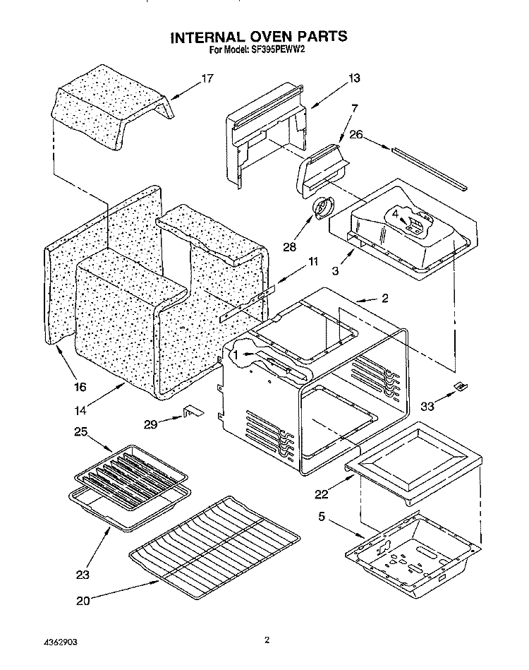 INTERNAL OVEN Diagram and Parts List for SF395PEWN2  Whirlpool Range