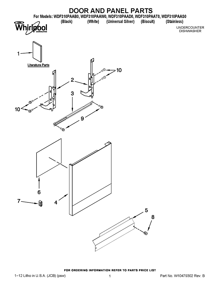 DOOR AND PANEL PARTS Diagram and Parts List for WDF310PAAD0  Whirlpool Dishwasher
