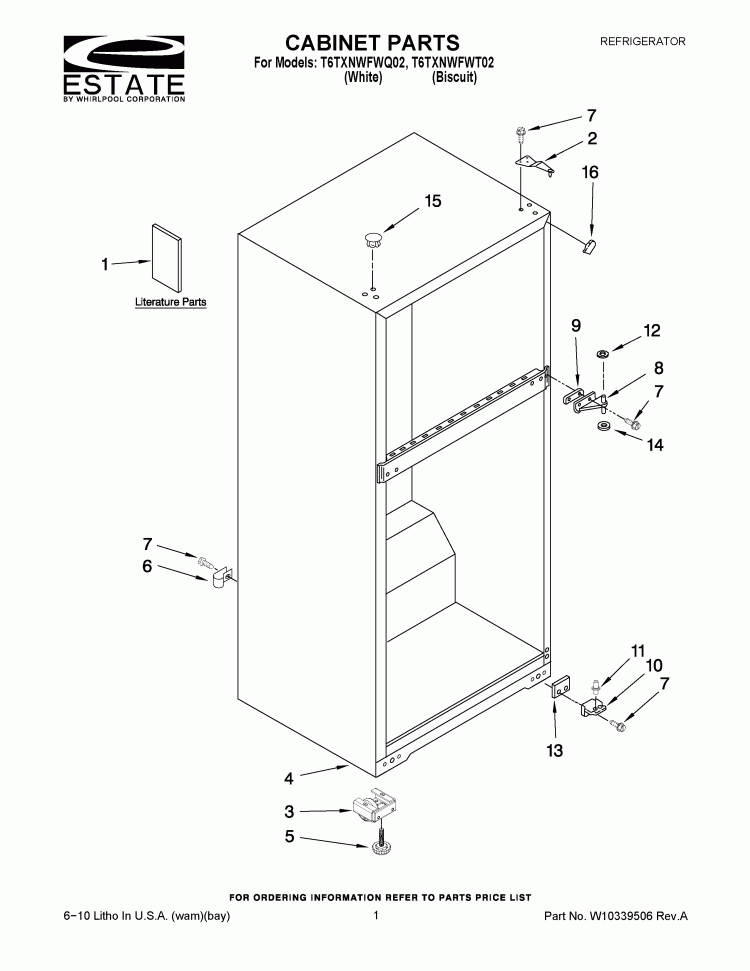 CABINET PARTS Diagram and Parts List for T6TXNWFWQ02  Estate Refrigerator