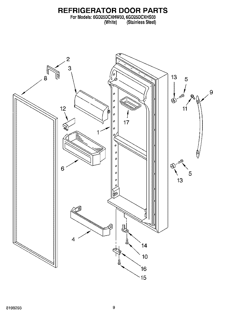 REFRIGERATOR DOOR Diagram and Parts List for 6GD25DCXHS03  Whirlpool Refrigerator