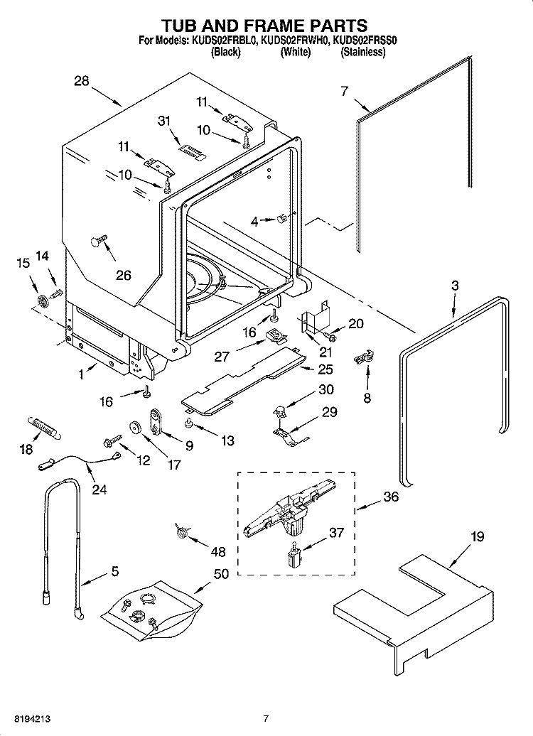 TUB AND FRAME PARTS Diagram and Parts List for KUDS02FRWH0  KitchenAid Dishwasher