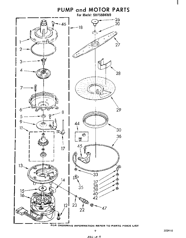 PUMP AND MOTOR Diagram and Parts List for SHF5504W0  Whirlpool Dishwasher