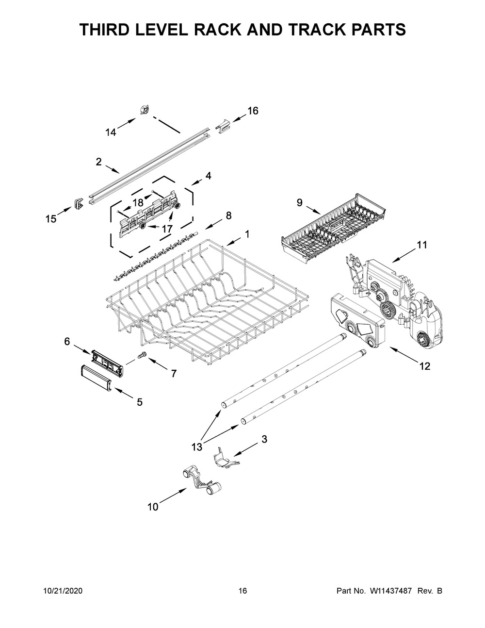 Third Level Rack And Track Parts Diagram and Parts List for KDTM604KBS0  Whirlpool Dishwasher