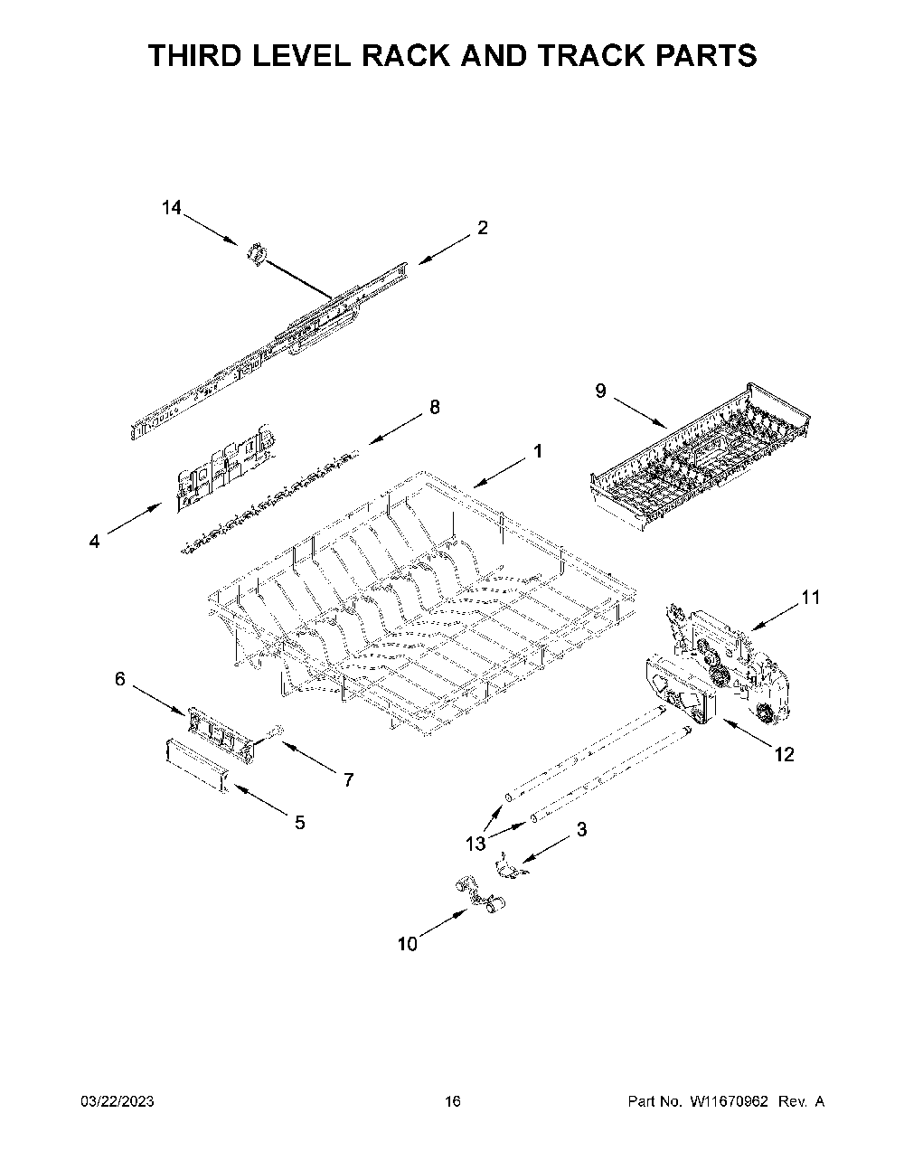 Third Level Rack And Track Parts Diagram and Parts List for KDPM804KPS1  KitchenAid Dishwasher