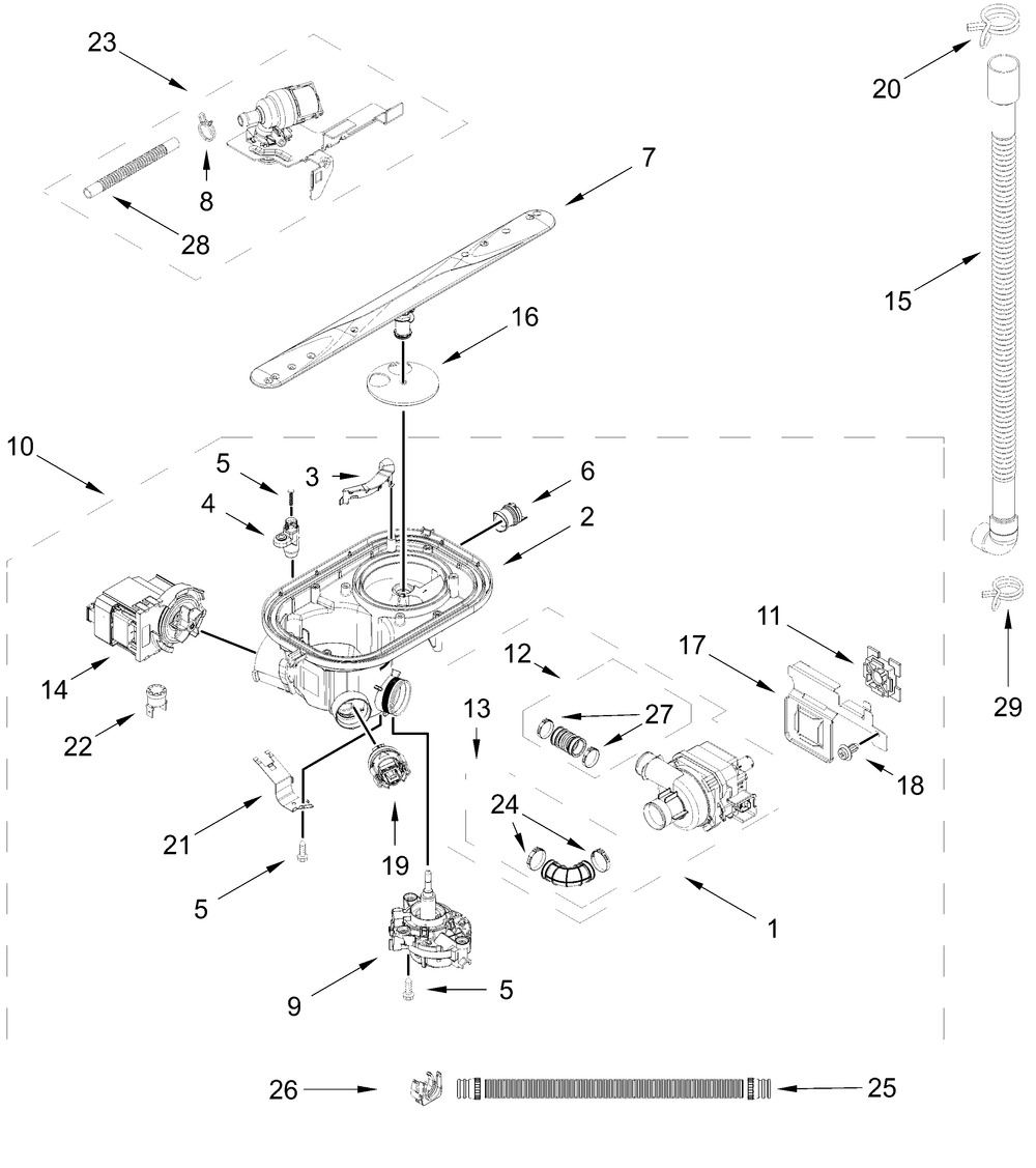 Pump, Washarm And Motor Parts Diagram and Parts List for JDTS3924SL0  Whirlpool Dishwasher