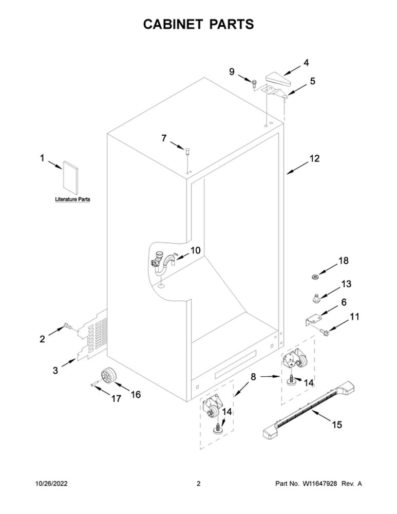 Cabinet Parts Diagram and Parts List for WZF34X20DW05  Whirlpool Freezer
