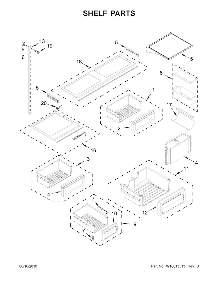Shelf Parts Diagram and Parts List for KBFN502ESS01  KitchenAid Refrigerator