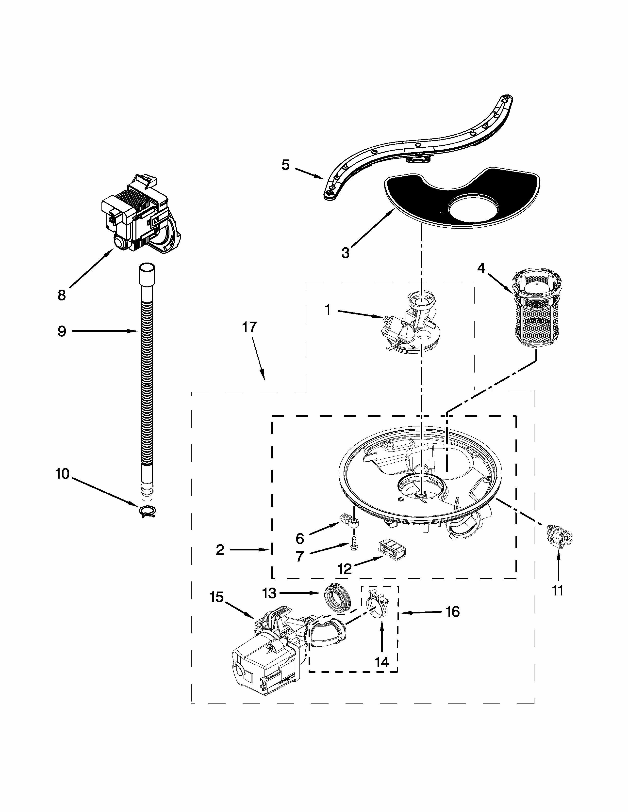 Pump, Washarm And Motor Parts Diagram and Parts List for 66513073K217  Kenmore Dishwasher