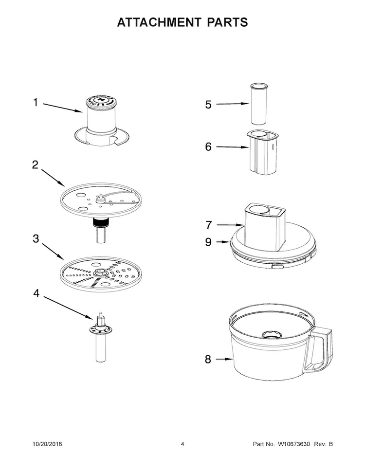 Attachment Parts Diagram and Parts List for KFP0730QGC0  KitchenAid Food Processor