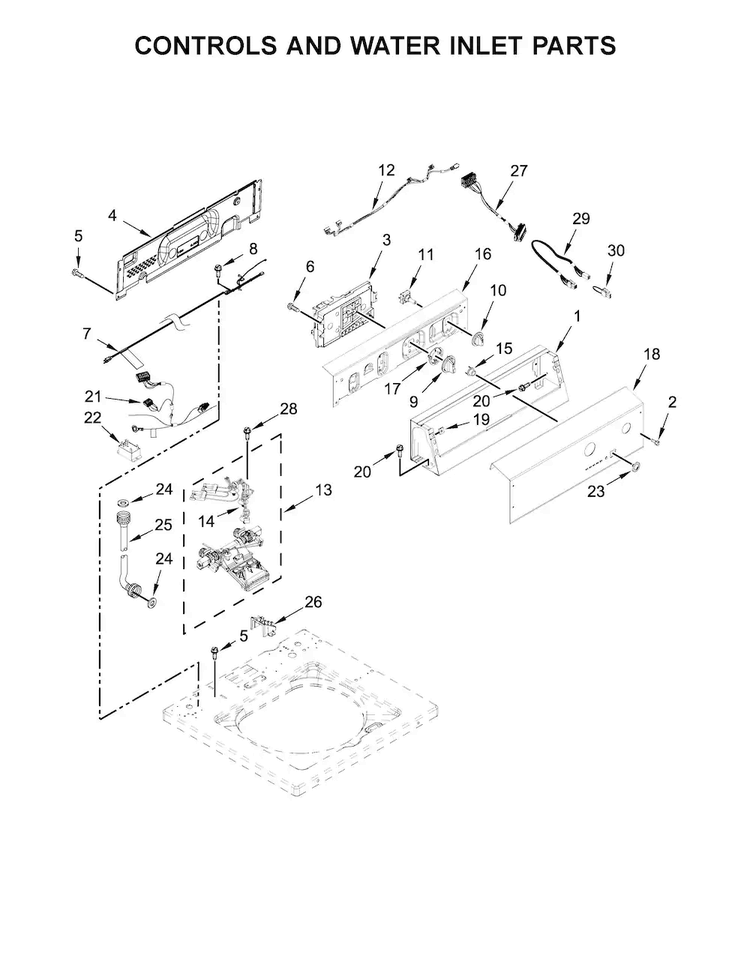 Controls And Water Inlet Parts Diagram and Parts List for CAE2765FQ0  Whirlpool Washer