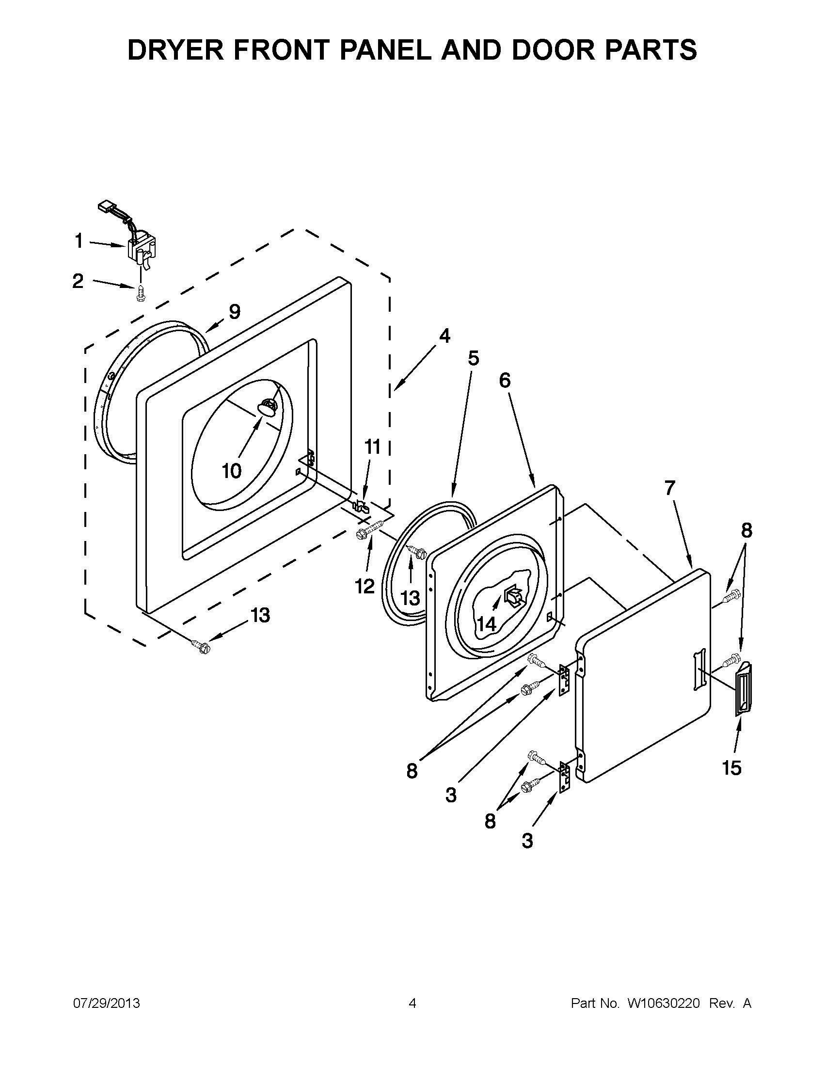 02 - DRYER FRONT PANEL AND DOOR PARTS Diagram and Parts List for YLTE5243DQB  Whirlpool Washer Dryer Combo