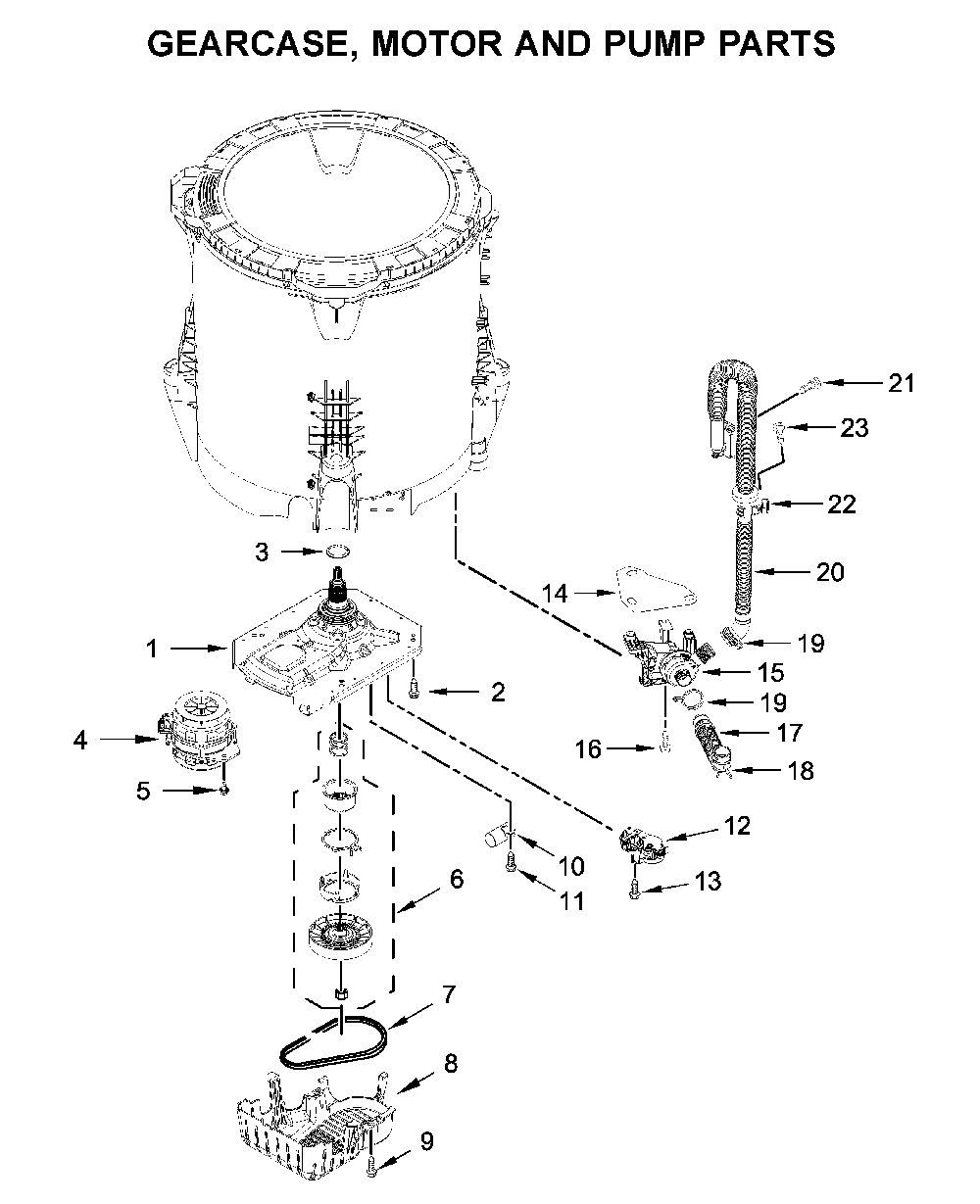 Gearcase, motor and pump parts Diagram and Parts List for WTW6120HW1  Whirlpool Washer