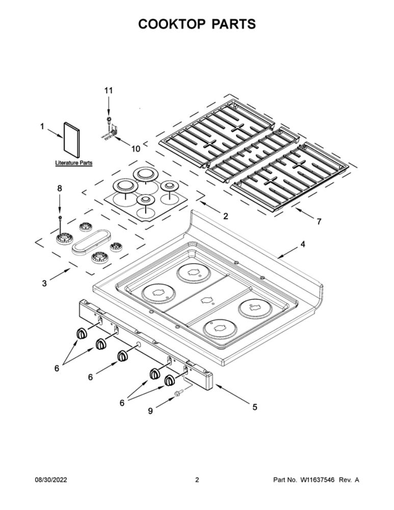 Cooktop Parts Diagram and Parts List for WFG525S0JV5  Whirlpool Range
