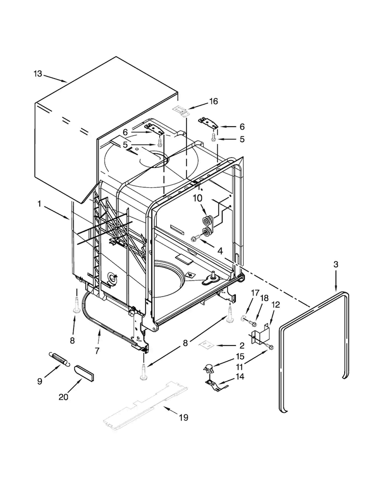 Tub And Frame Parts Diagram and Parts List for WDT720PADB2  Whirlpool Dishwasher
