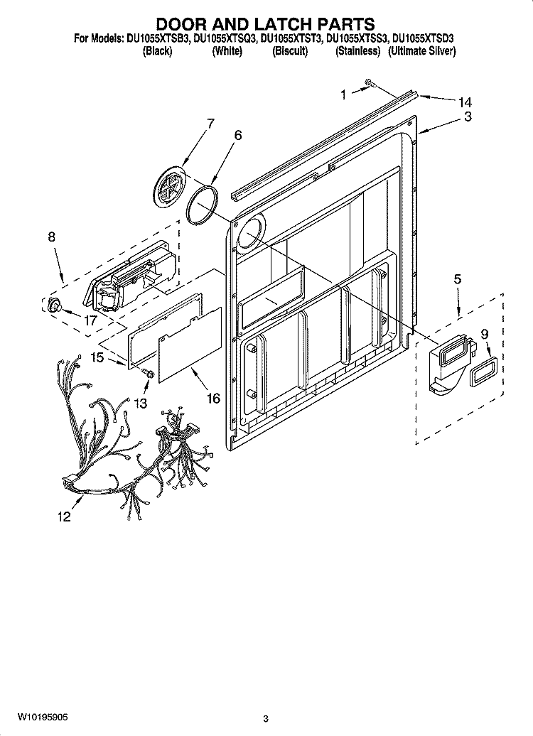 DOOR AND LATCH PARTS Diagram and Parts List for DU1055XTST3  Whirlpool Dishwasher