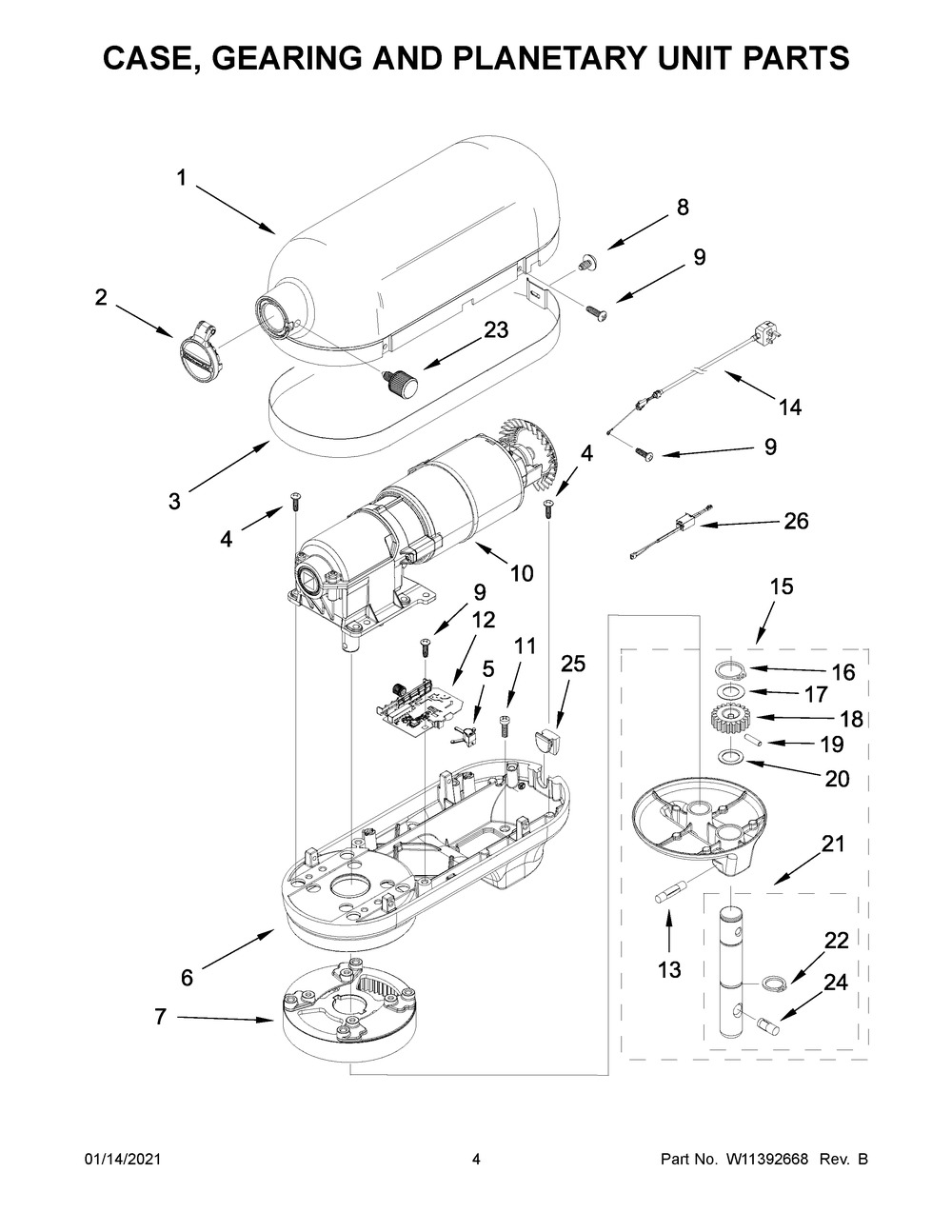 Case, Gearing And Planetary Unit Parts Diagram and Parts List for 5KSM7580XEDR0  Whirlpool Mixer