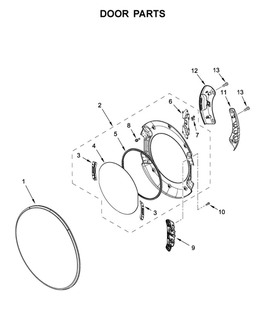Door Parts Diagram and Parts List for WGD560LHW2  Whirlpool Dryer