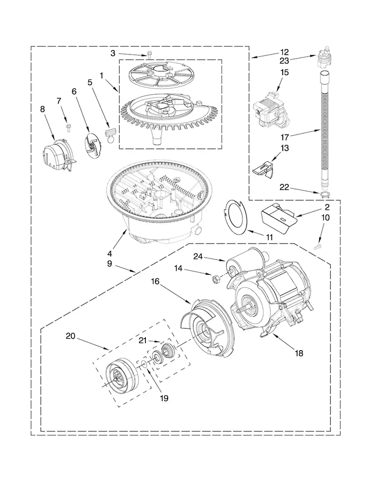 Pump And Motor Parts Diagram and Parts List for KUDS30IVSS1  KitchenAid Dishwasher