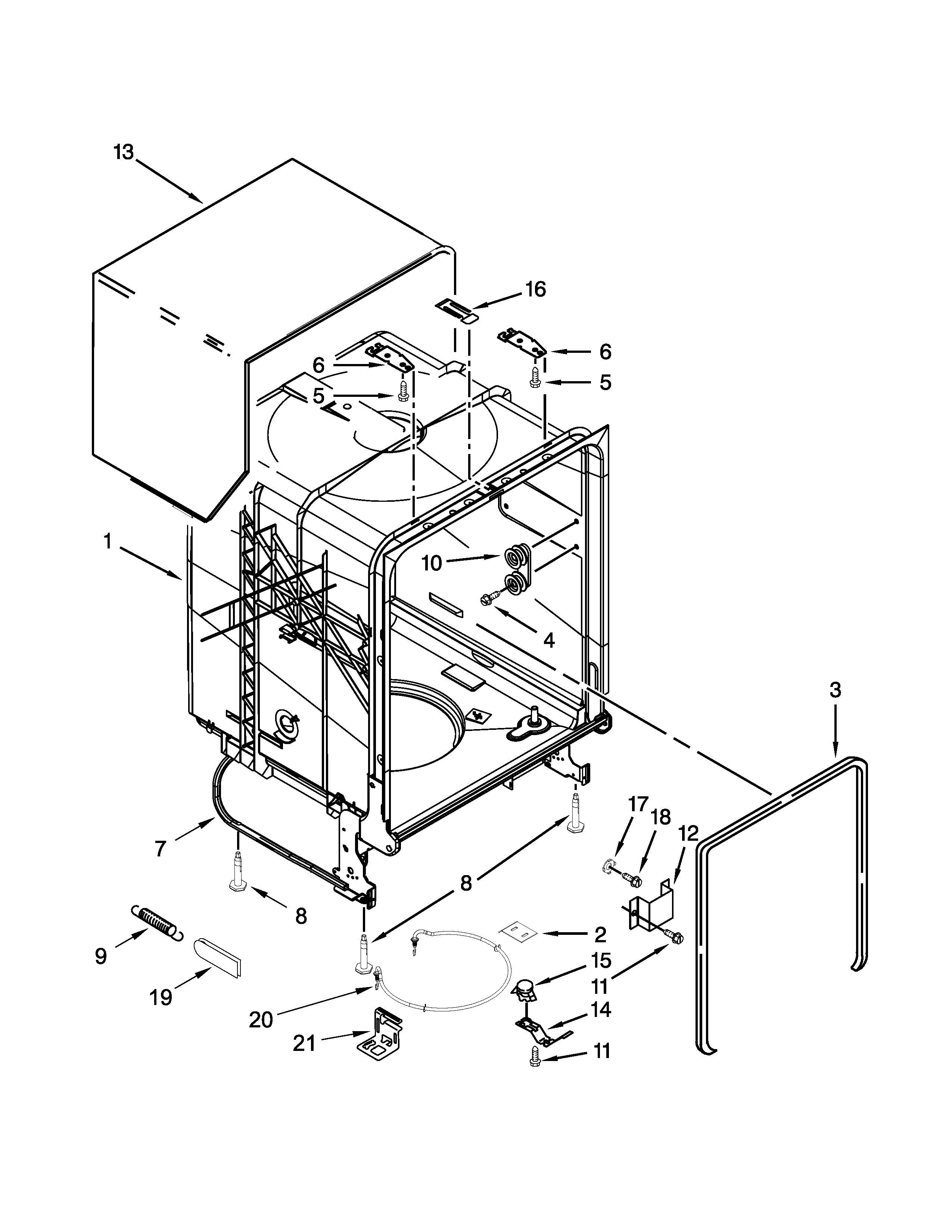 Tub And Frame Parts Diagram and Parts List for 66513479N410  Kenmore Dishwasher