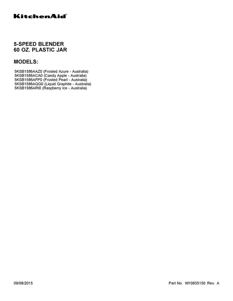 Cover Sheet Diagram and Parts List for 5KSB1586AFP0  KitchenAid Blender