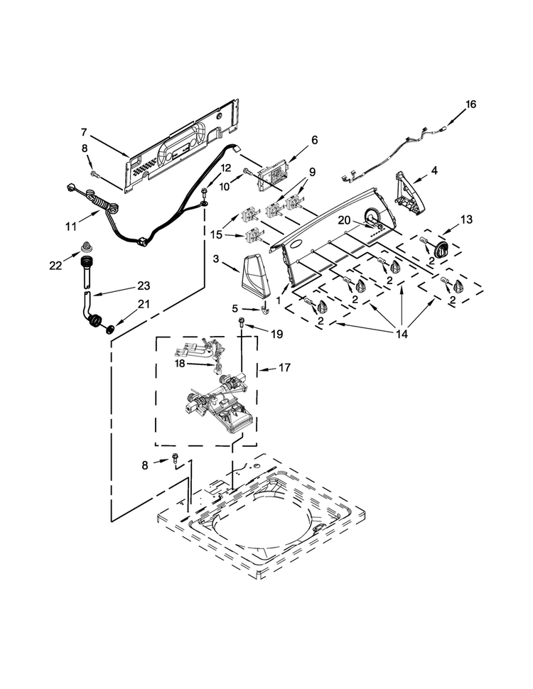 Controls And Water Inlet Parts Diagram and Parts List for 7MWTW1812AW1  Whirlpool Washer