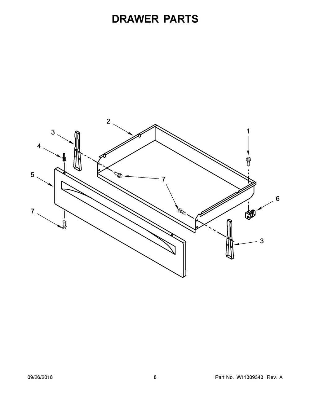 Drawer Parts Diagram and Parts List for WFE320M0EW2  Whirlpool Range