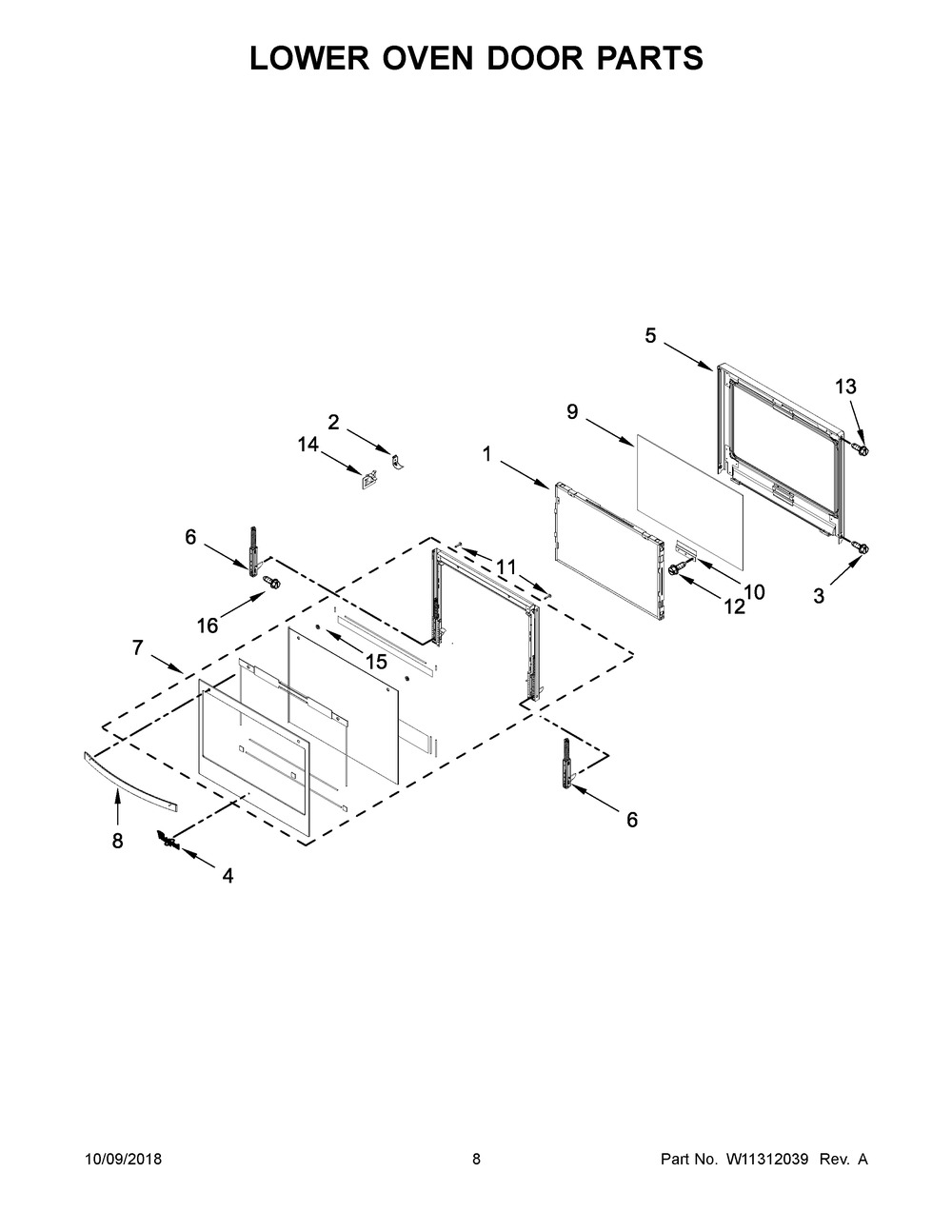 Lower Oven Door Parts Diagram and Parts List for WOD77EC7HS01  Whirlpool Wall Oven