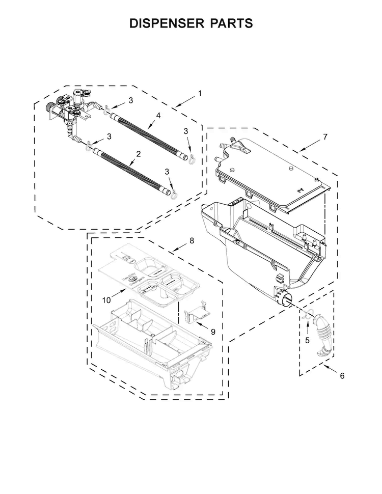 Dispenser Parts Diagram and Parts List for WFW85HEFW1  Whirlpool Washer