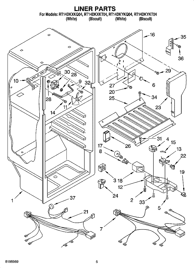 LINER PARTS Diagram and Parts List for RT14DKXKQ04  Roper Refrigerator