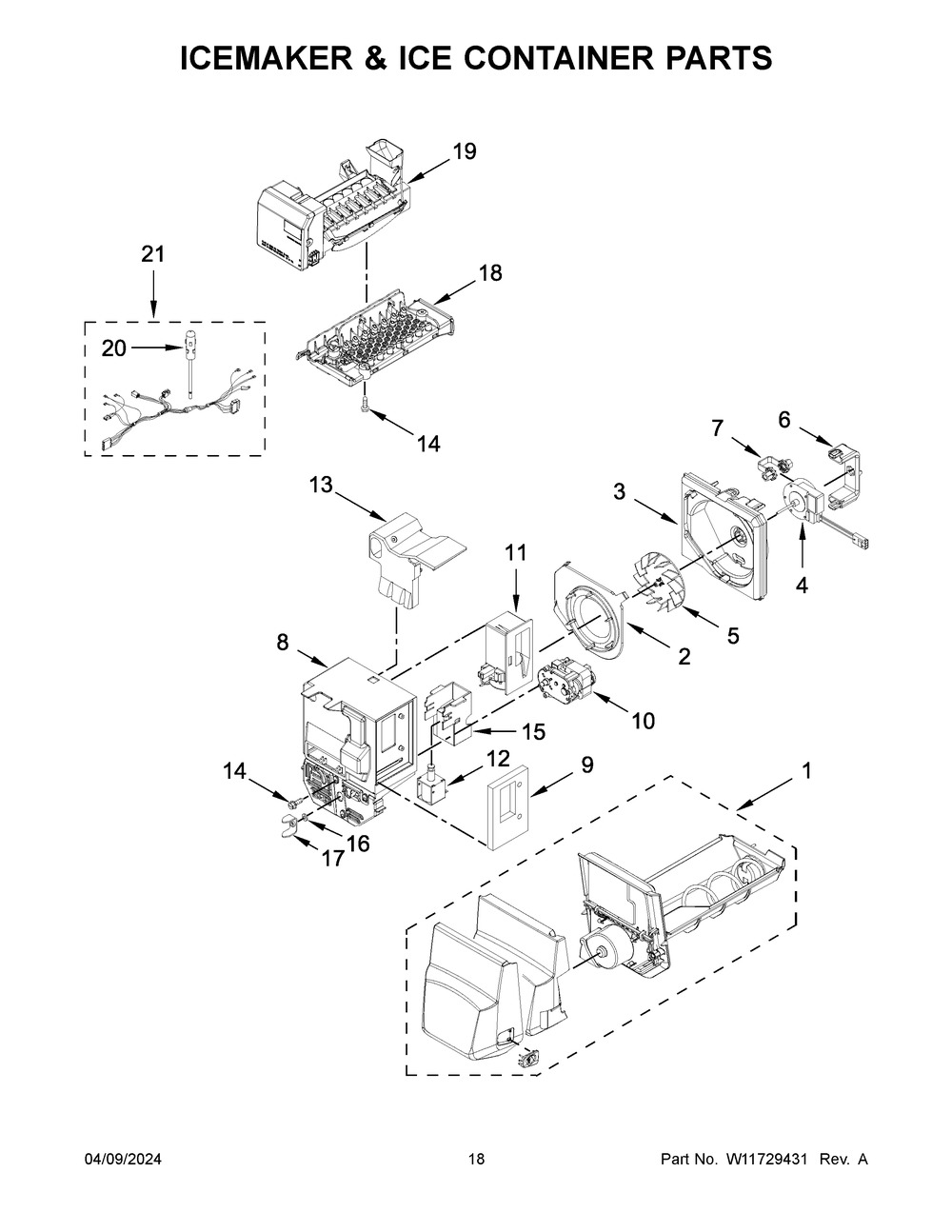 Icemaker And Ice Container Parts Diagram and Parts List for WRX735SDHZ11  Whirlpool Refrigerator