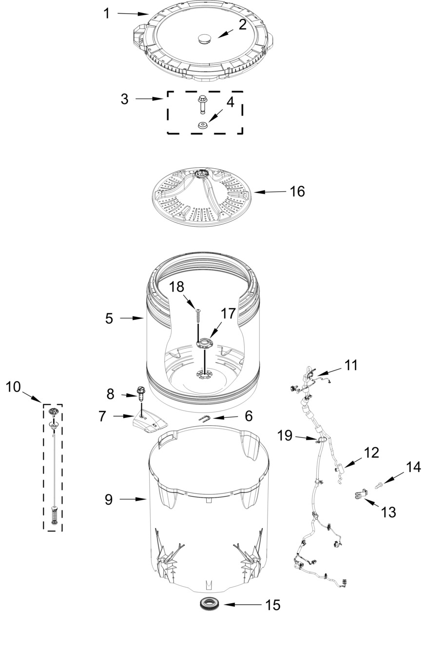 Basket And Tub Parts Diagram and Parts List for MTW4200SW0  Whirlpool Washer